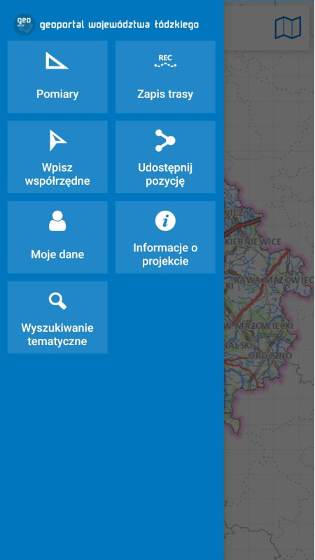 zrzuty ekranowe z aplikacji mobilnej Geoortalu Województwa Łódzkiego