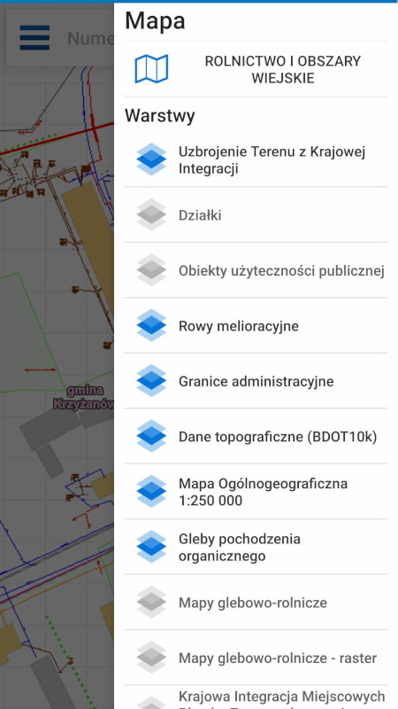 zrzuty ekranowe z aplikacji mobilnej Geoortalu Województwa Łódzkiego