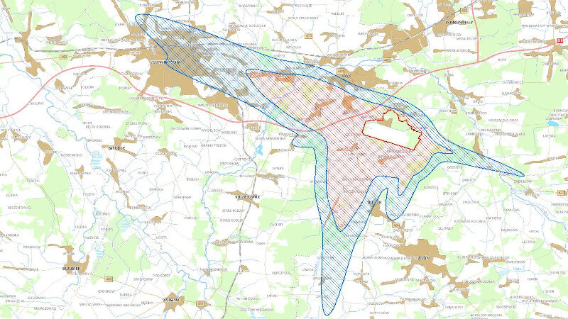 Grafika dla mapy: Obszary ograniczonego użytkowania dla lotniska wojskowego w Łasku
