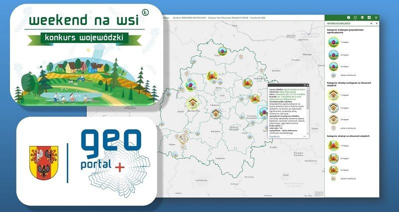 grafika zawiera plakat konkursu,logotyp geoportalu z herbem województwa oraz mapę weekend na wsi