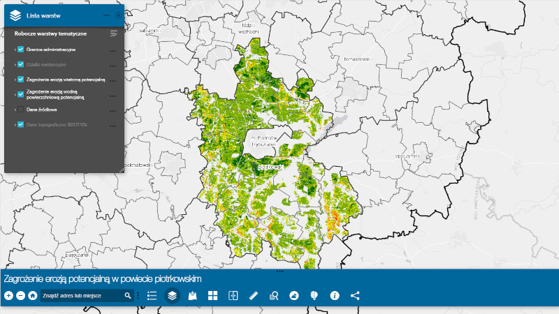 Grafika dla mapy: Zagrożenie erozją potencjalną w powiecie piotrkowskim