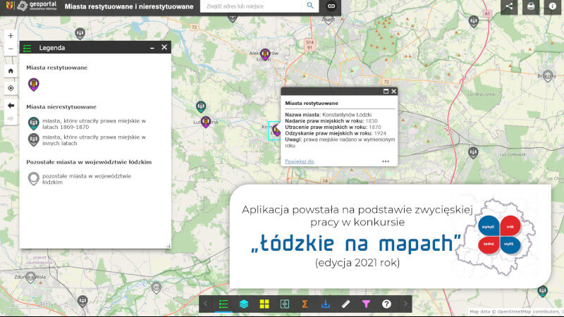 Grafika dla mapy: Miasta restytuowane i nierestytuowane w województwie łódzkim