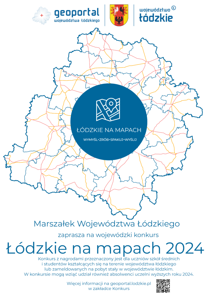 Plakat informujący o konkursie łódzkie na mapach 2024.