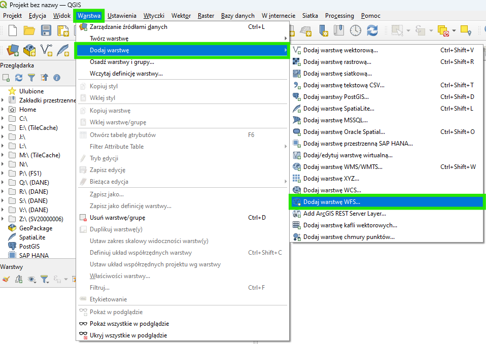 Instrukcja dodawania danych WFS w QGIS część pierwsza.