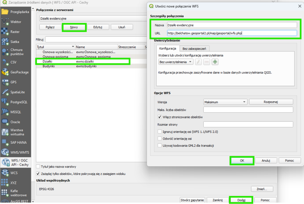 Instrukcja dodawania danych WFS w QGIS część druga.