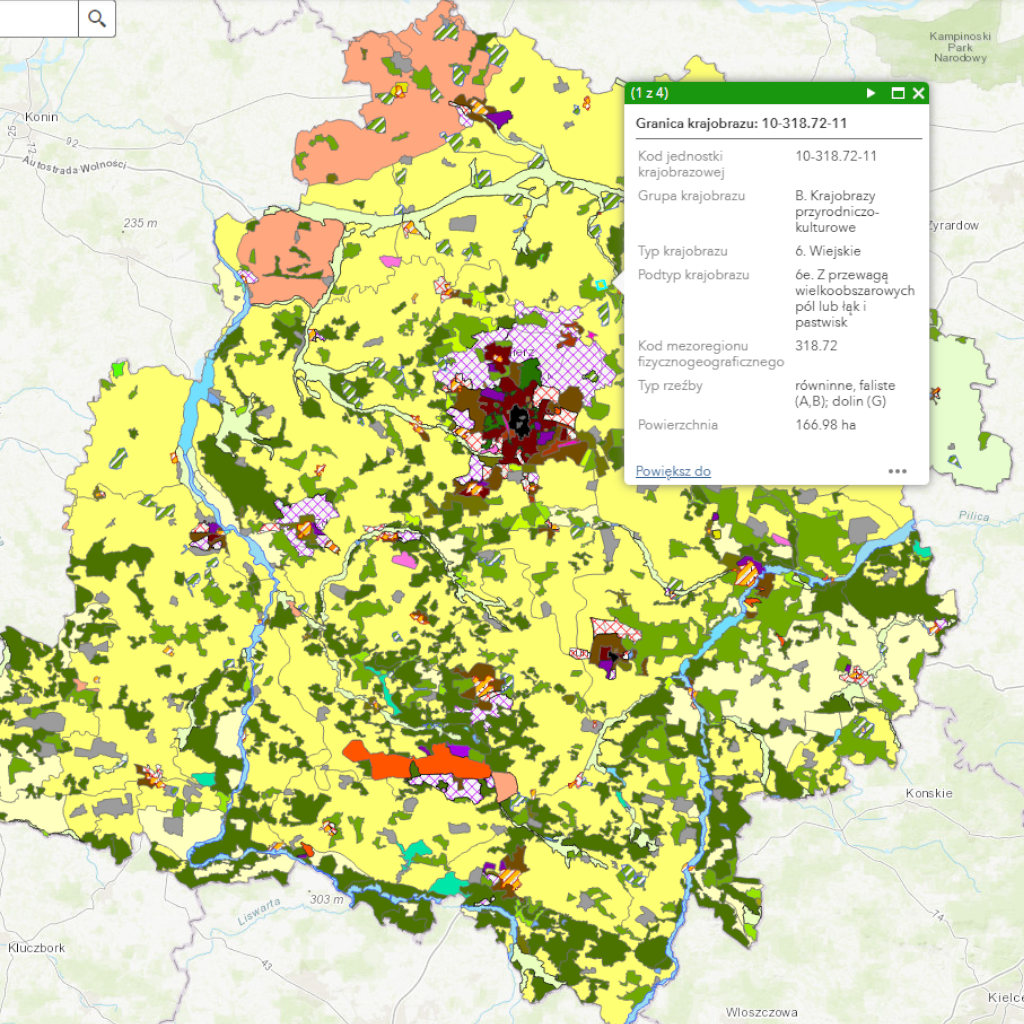 Mapa: "Projekt Audytu Krajobrazowego Województwa Łódzkiego" z oknem identyfikacji