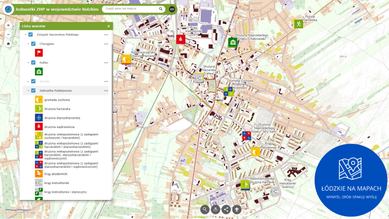 Grafika dla mapy: Jednostki ZHP w województwie łódzkim